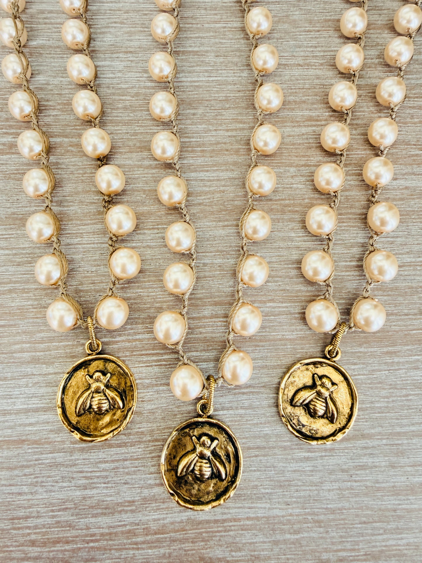 Honey Bee Golden Coin Necklace Crocheted With Glass Pearls