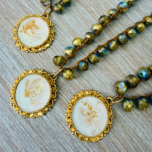 Coastal Conch Shell Handmade Pendant And Golden Crystal Crocheted Necklace