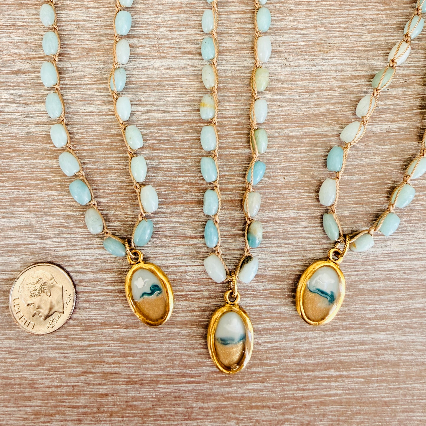 Crocheted Amazonite Necklace With Handmade Seascape Portal Pendant