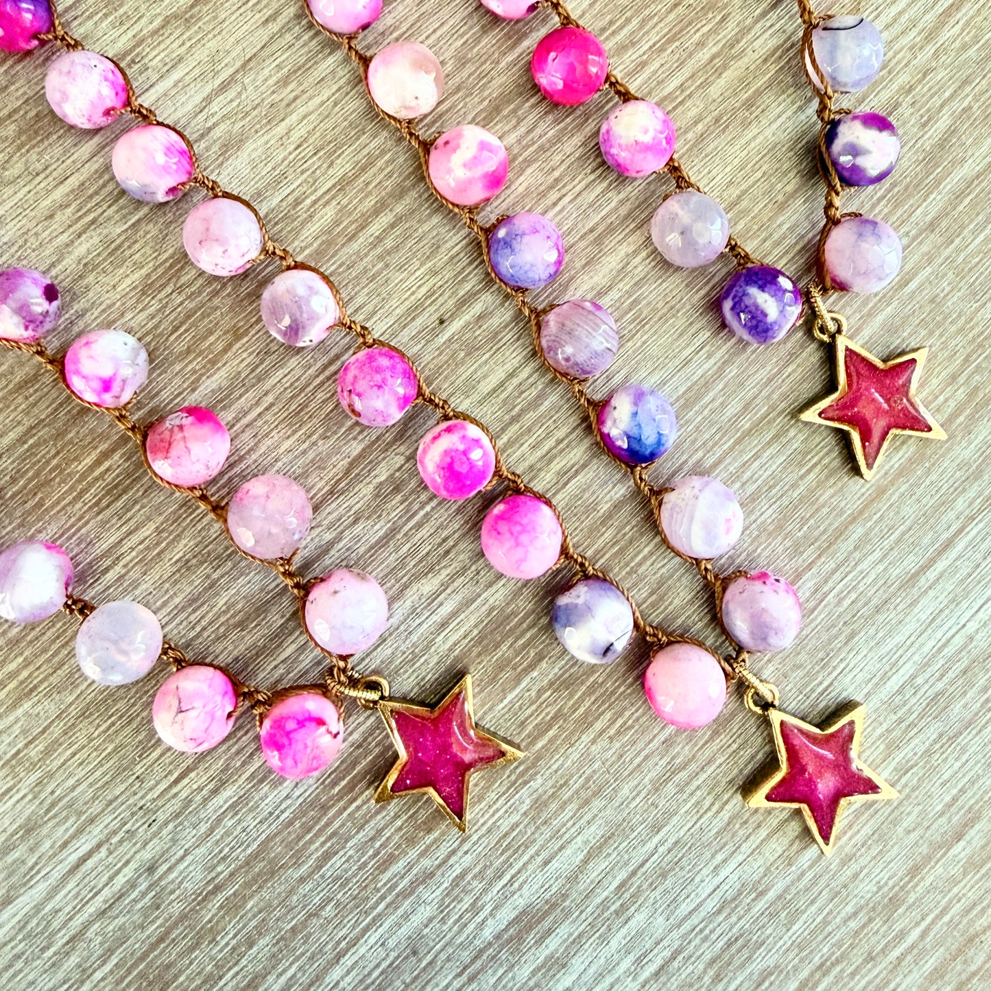 Hot Pink Super Star Pendant And Crocheted Crackle Agate Stones