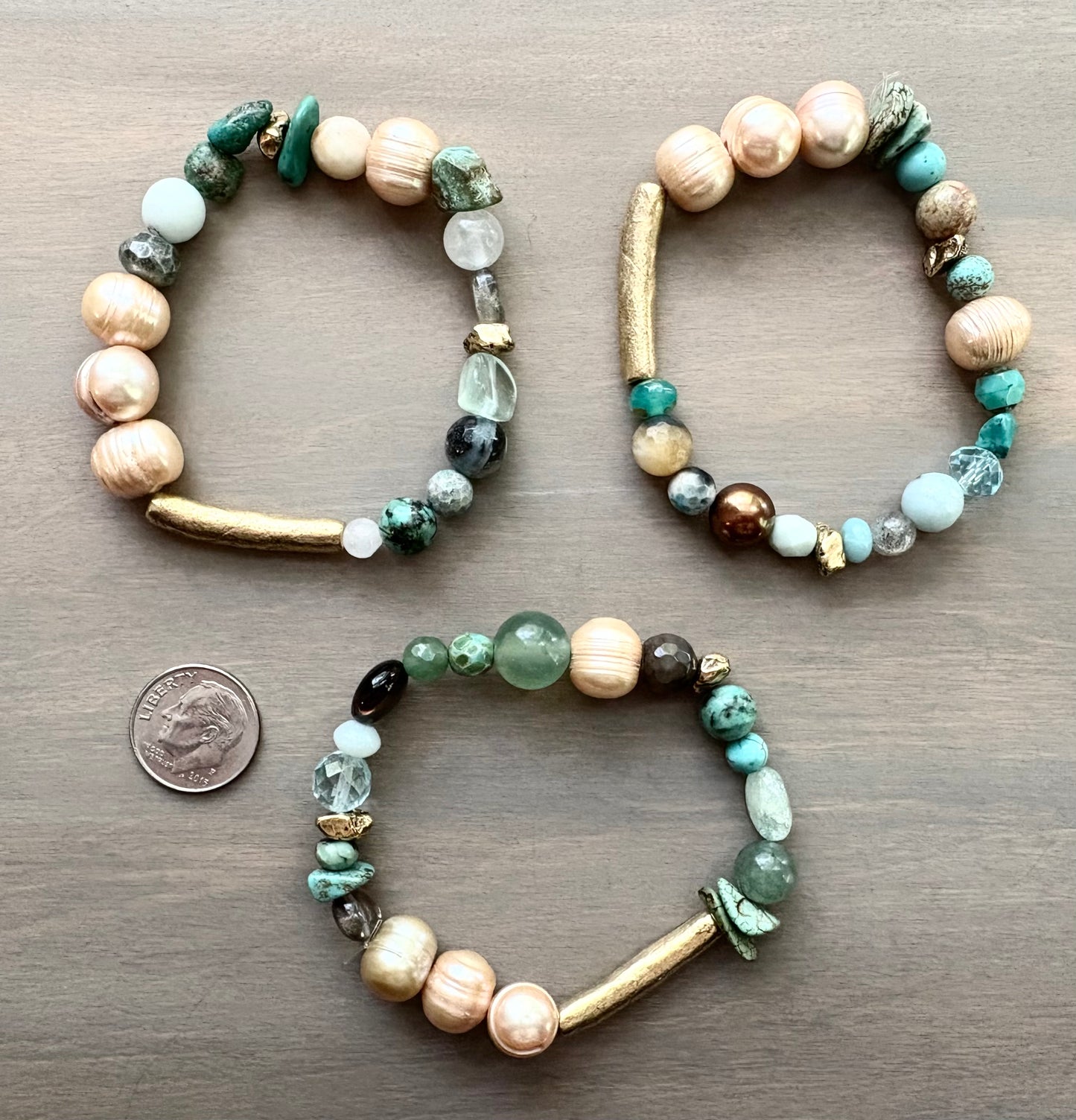 Rustic Gold Stretch Bracelet With Semi-Precious Stones and Pearls
