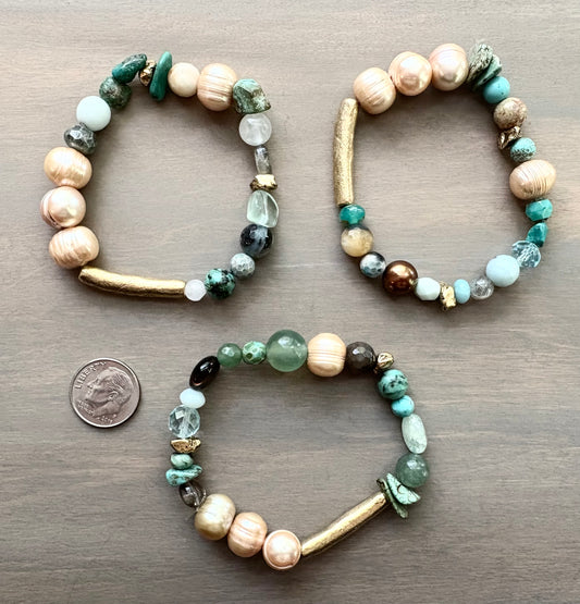 Rustic Gold Stretch Bracelet With Semi-Precious Stones and Pearls