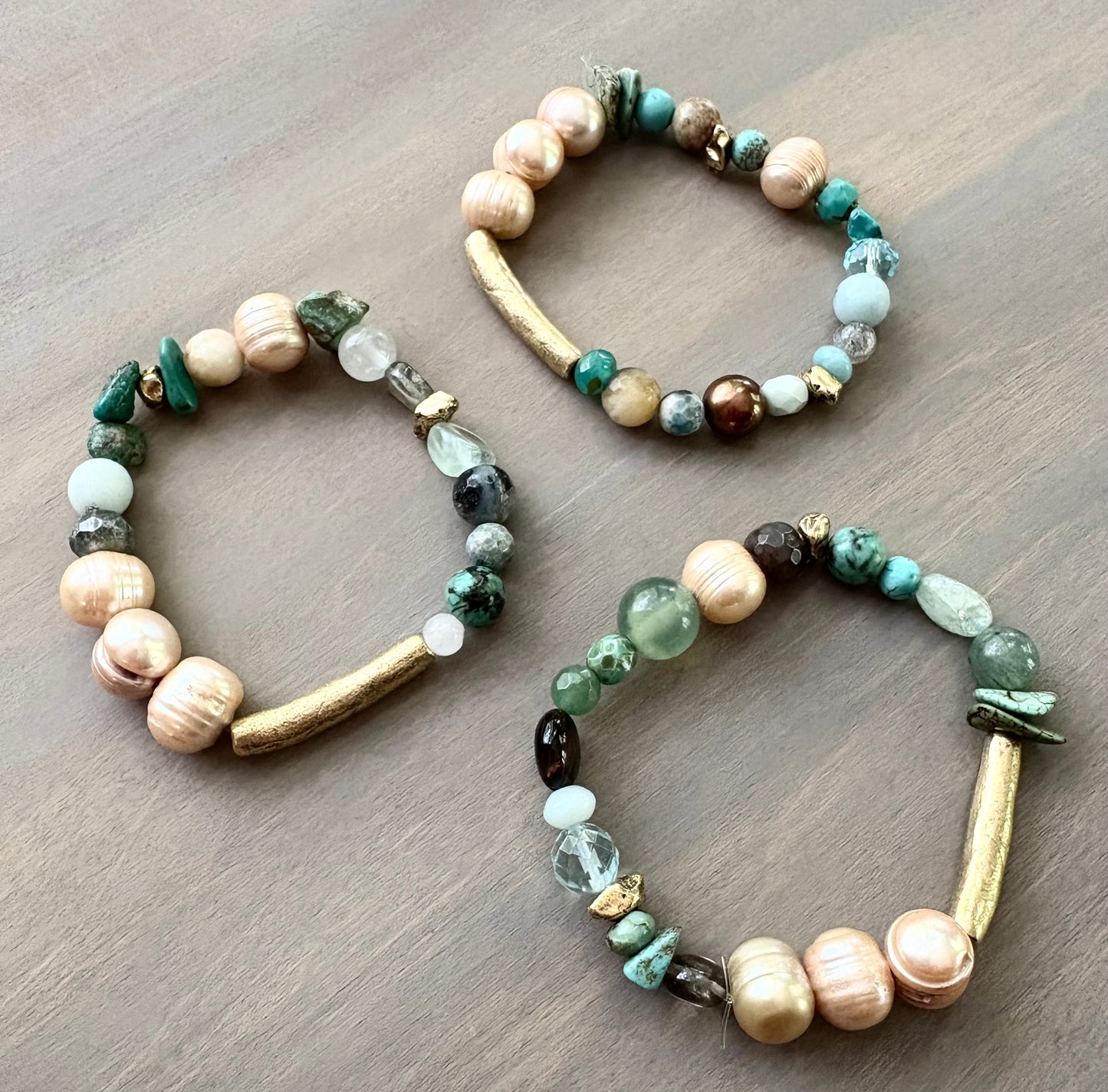 Rustic Gold Stretch Bracelet With Semi-Precious Stones and Pearls