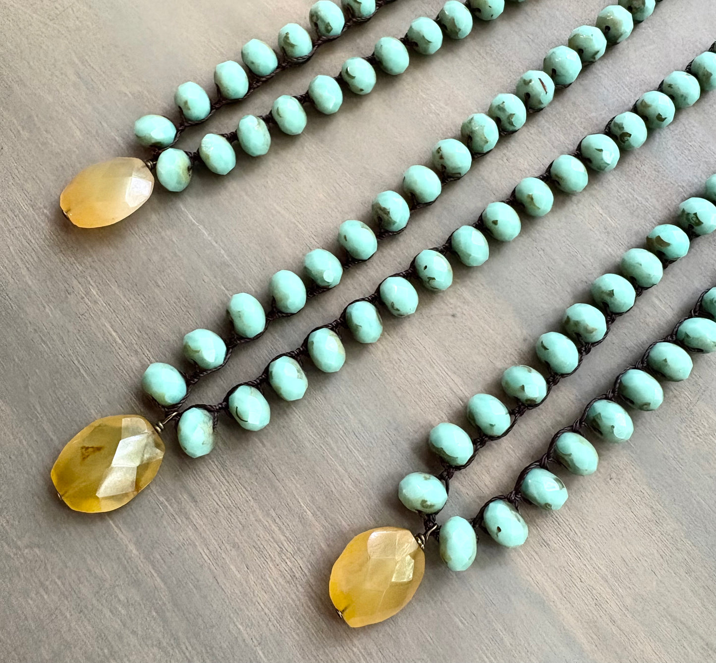 Faceted Honey Chalcedony Crocheted Czech Crystal Beach Necklace