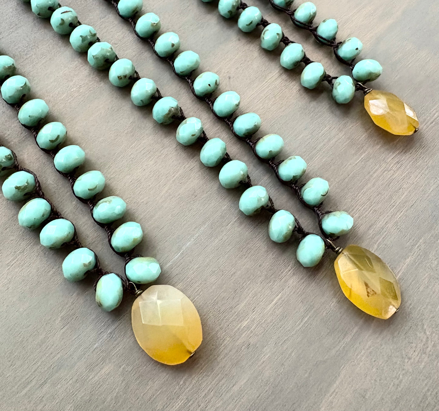 Faceted Honey Chalcedony Crocheted Czech Crystal Beach Necklace