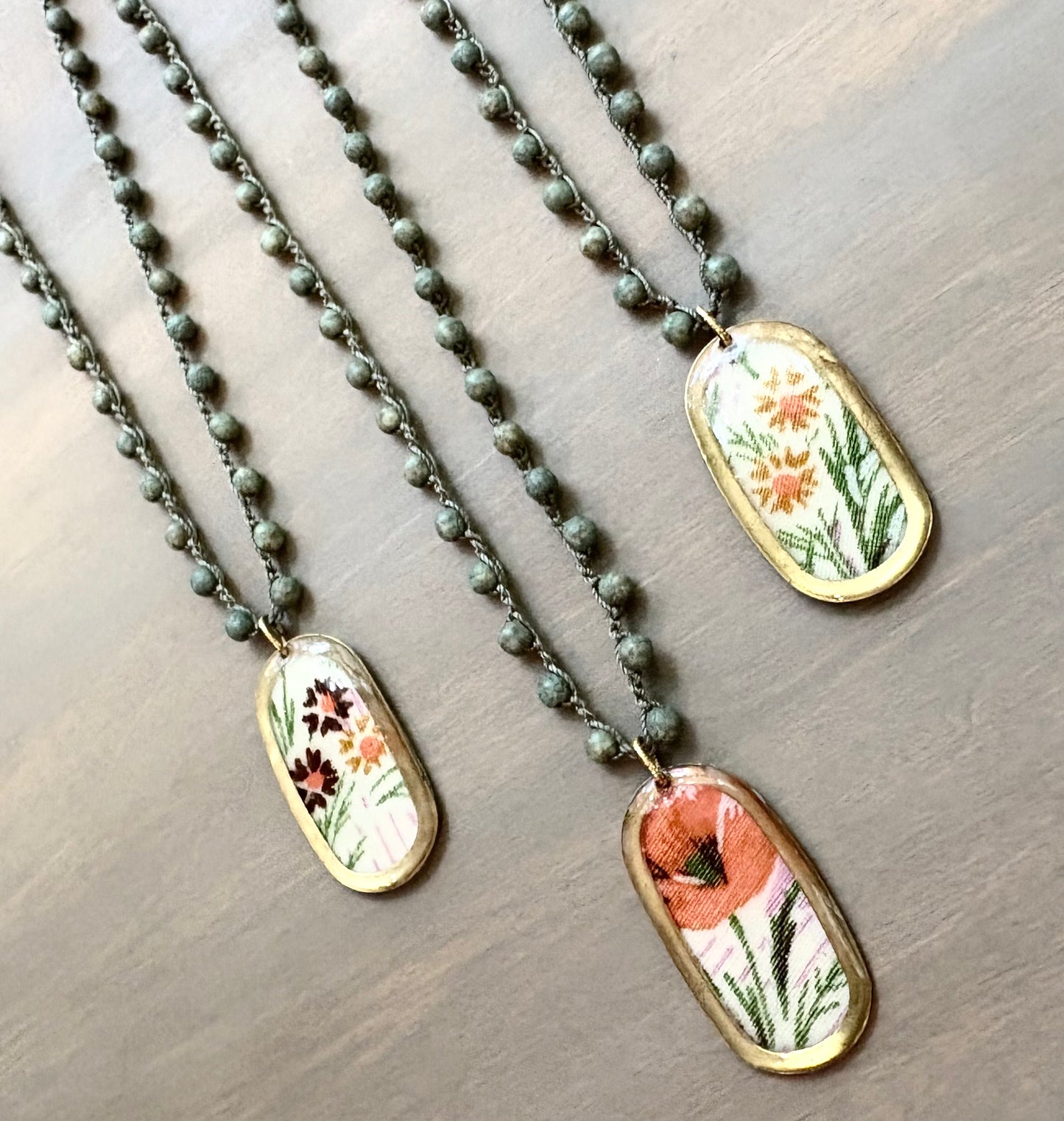 French Linen Pendant Necklace With Crocheted Grassy Green Crystal