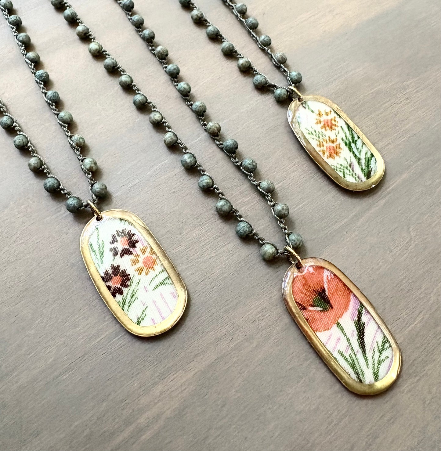 French Linen Pendant Necklace With Crocheted Grassy Green Crystal