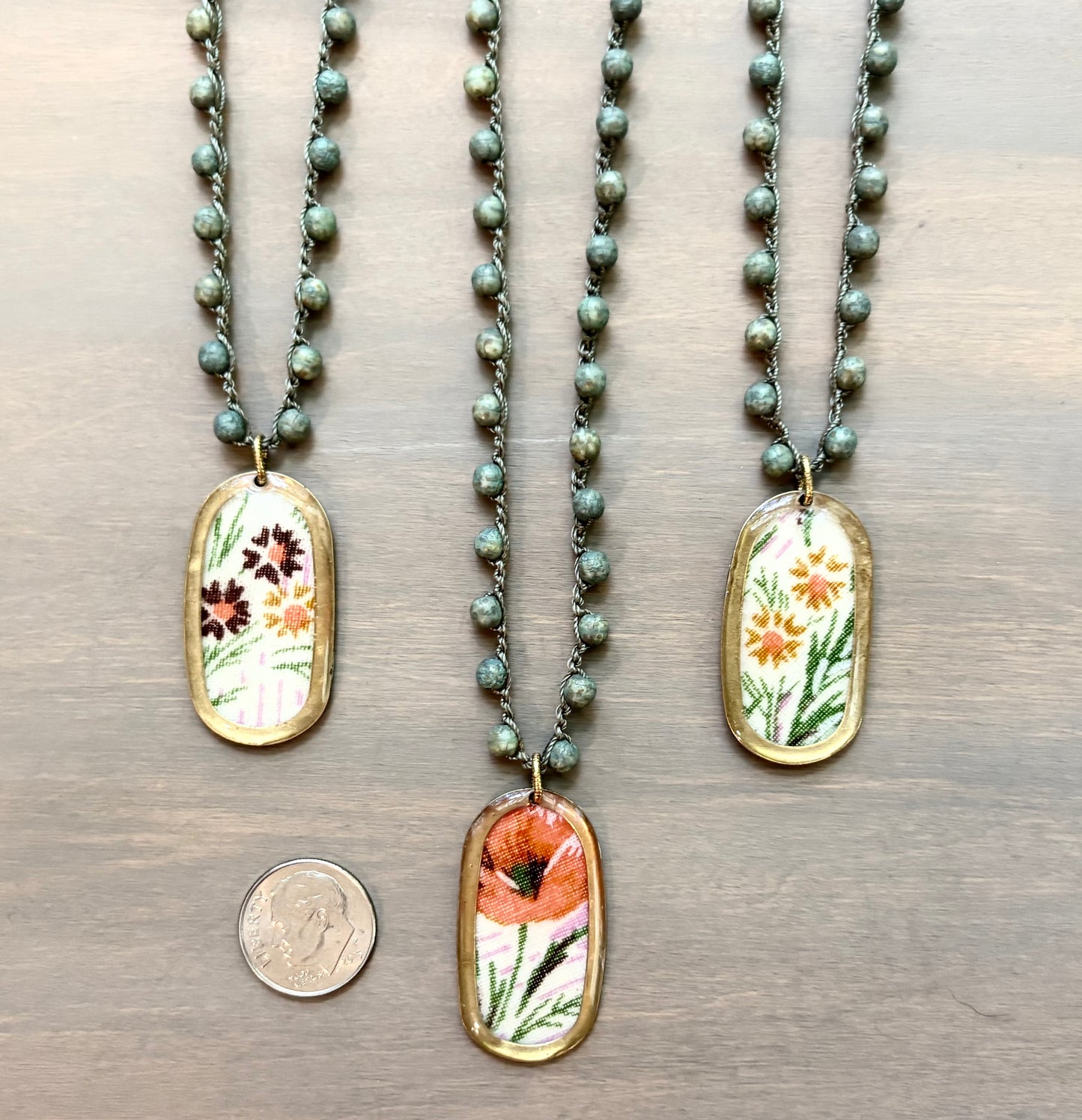 French Linen Pendant Necklace With Crocheted Grassy Green Crystal