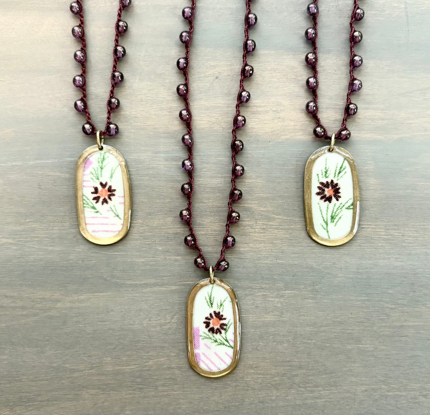 French Linen Necklace, Mulberry Crystal Crocheted Strand