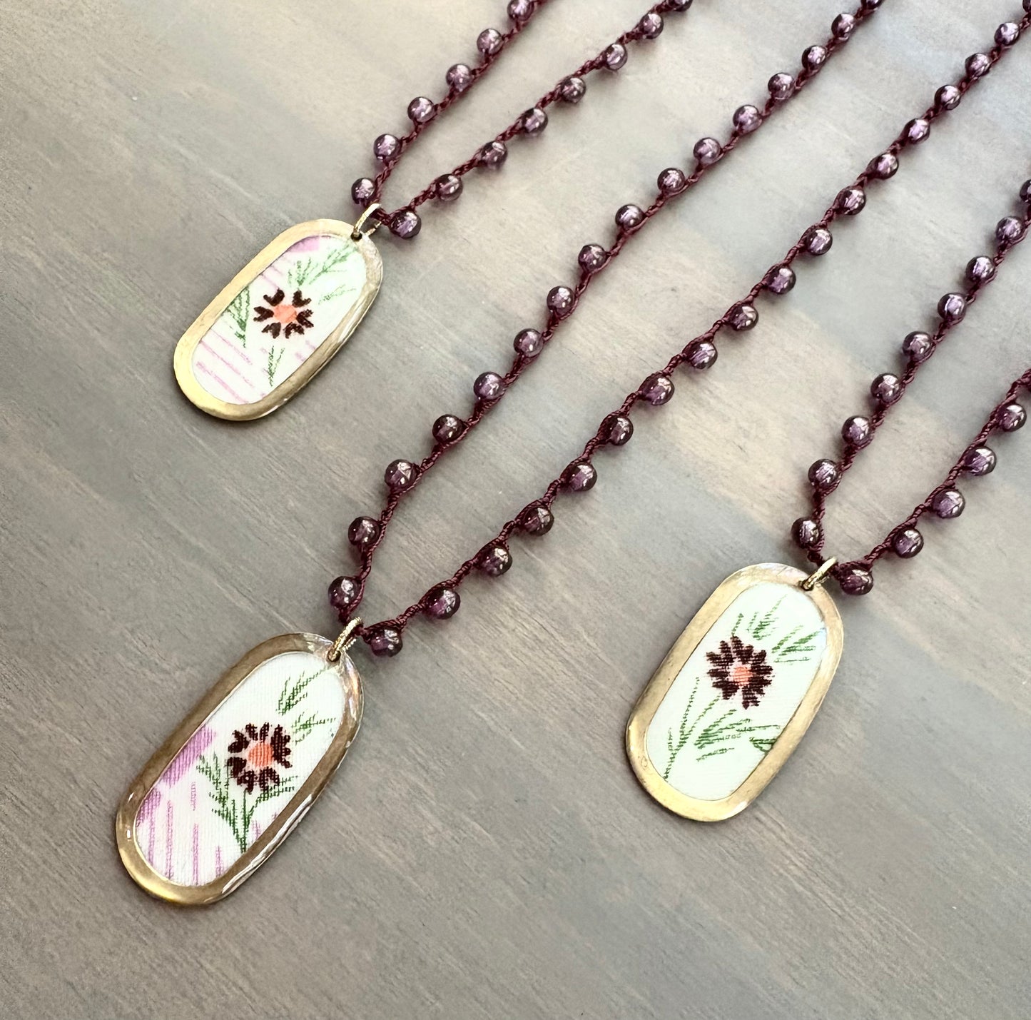 French Linen Necklace, Mulberry Crystal Crocheted Strand