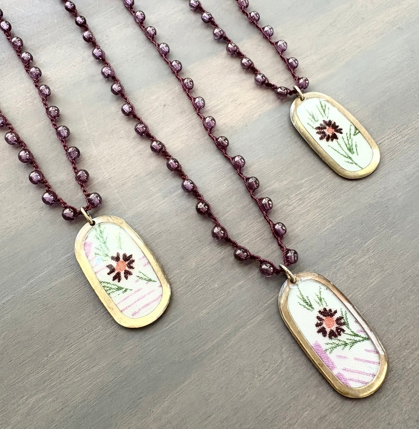 French Linen Necklace, Mulberry Crystal Crocheted Strand