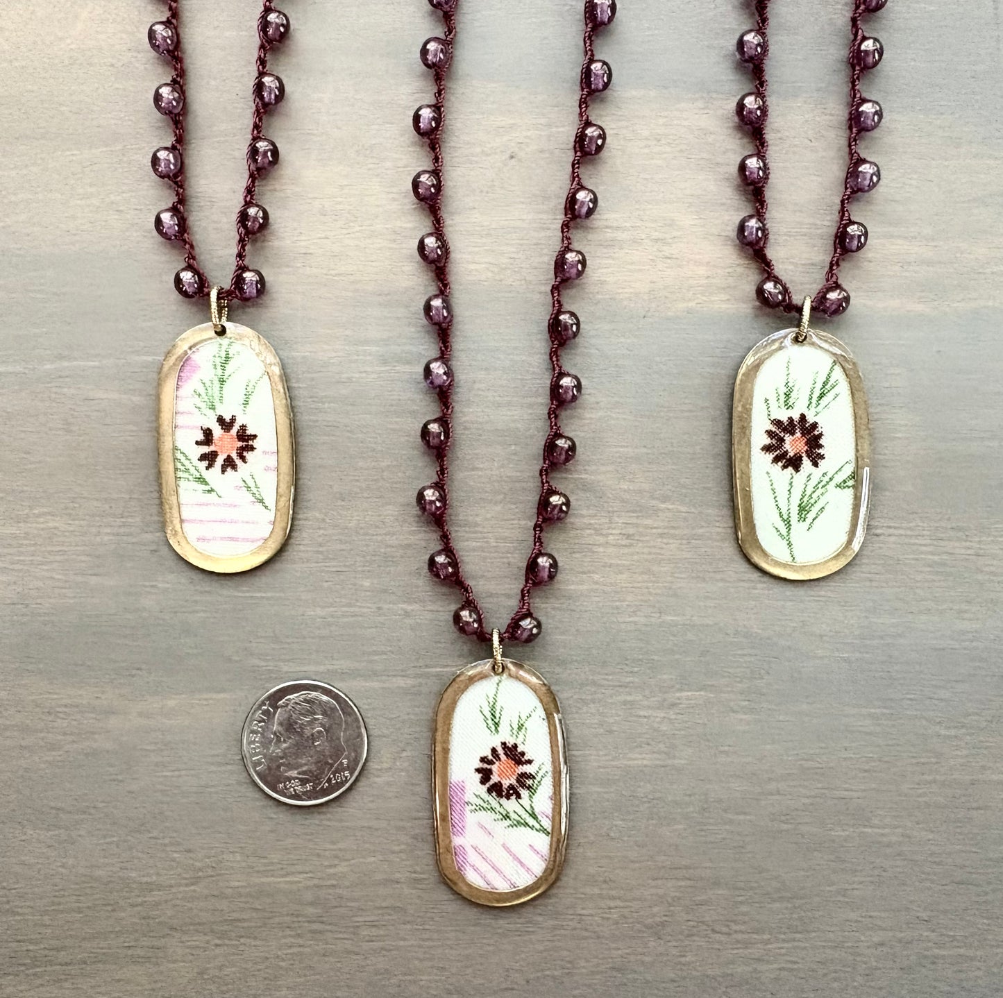 French Linen Necklace, Mulberry Crystal Crocheted Strand