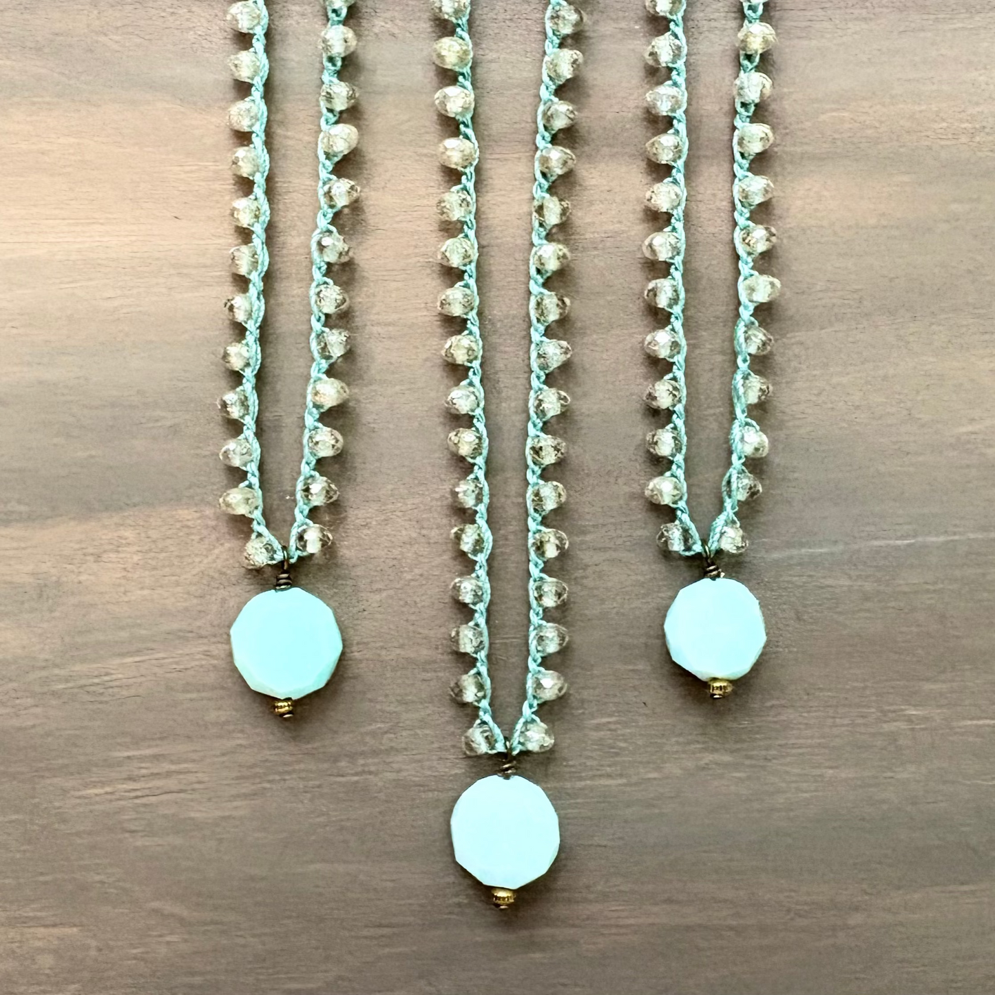 Faceted Larimar Semi Precious Stone Drop Necklace With Knotted Czech Crystal