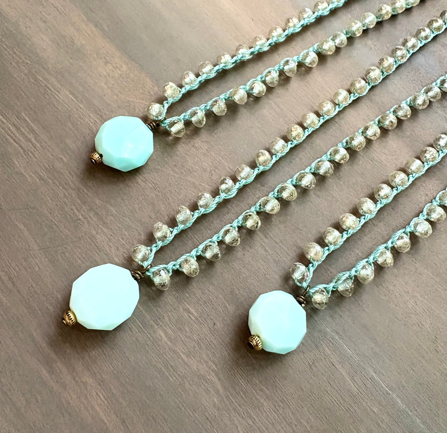 Faceted Larimar Semi Precious Stone Drop Necklace With Knotted Czech Crystal