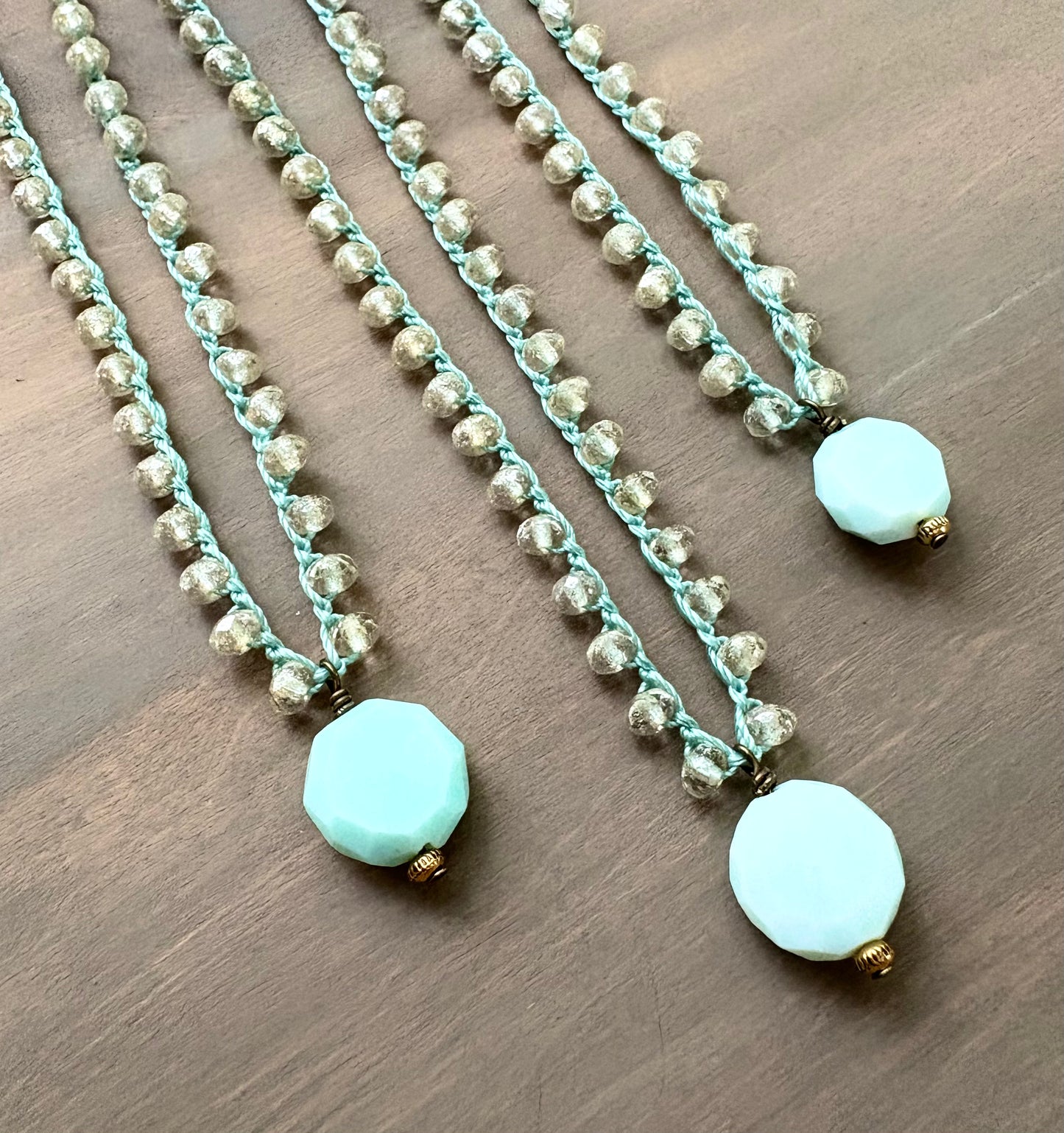 Faceted Larimar Semi Precious Stone Drop Necklace With Knotted Czech Crystal