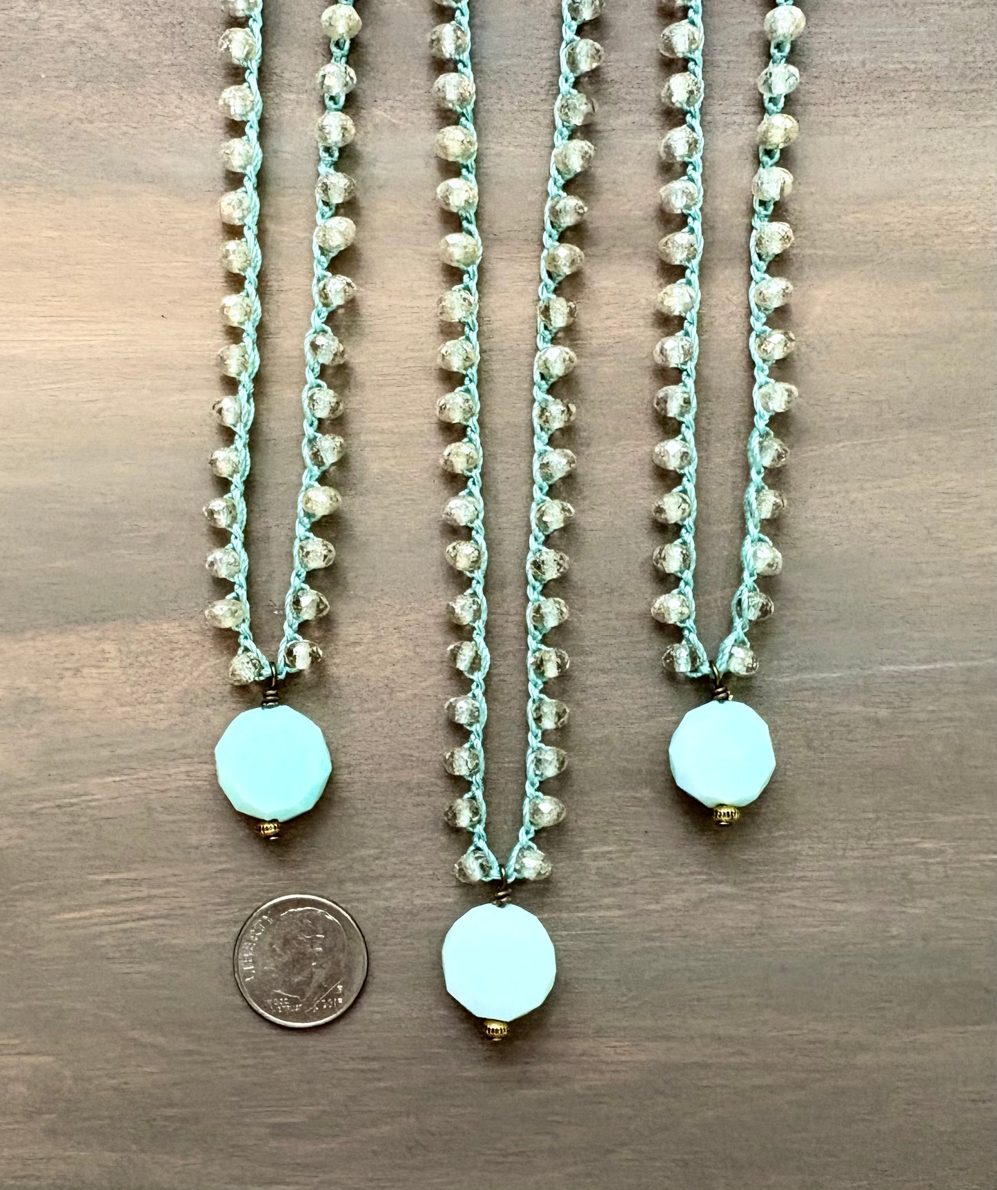 Faceted Larimar Semi Precious Stone Drop Necklace With Knotted Czech Crystal