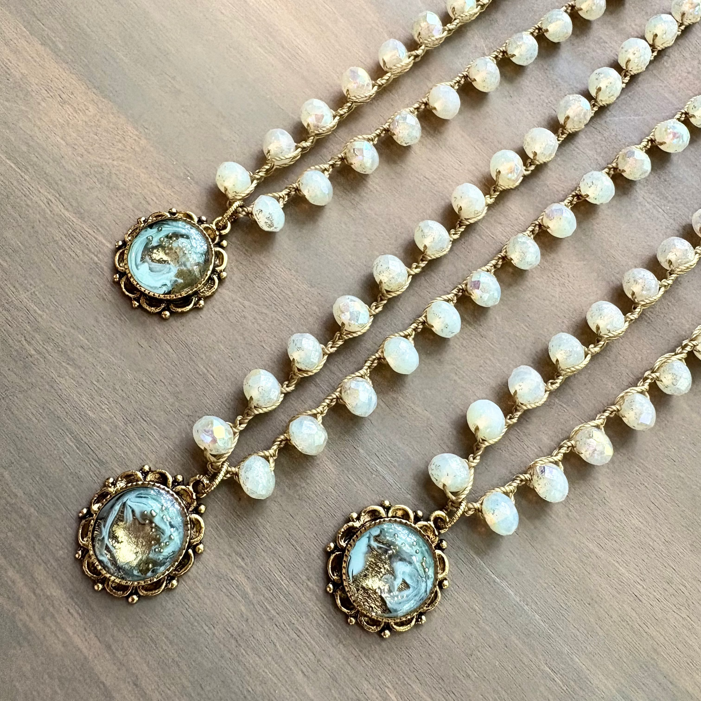 Golden Surf Portal Pendant Necklace With Crocheted Czech Crystal