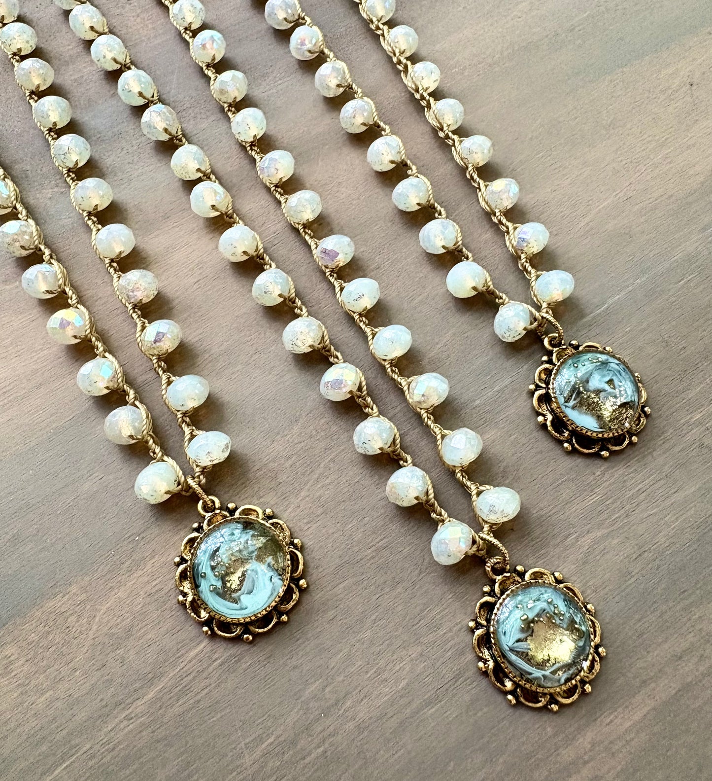 Golden Surf Portal Pendant Necklace With Crocheted Czech Crystal