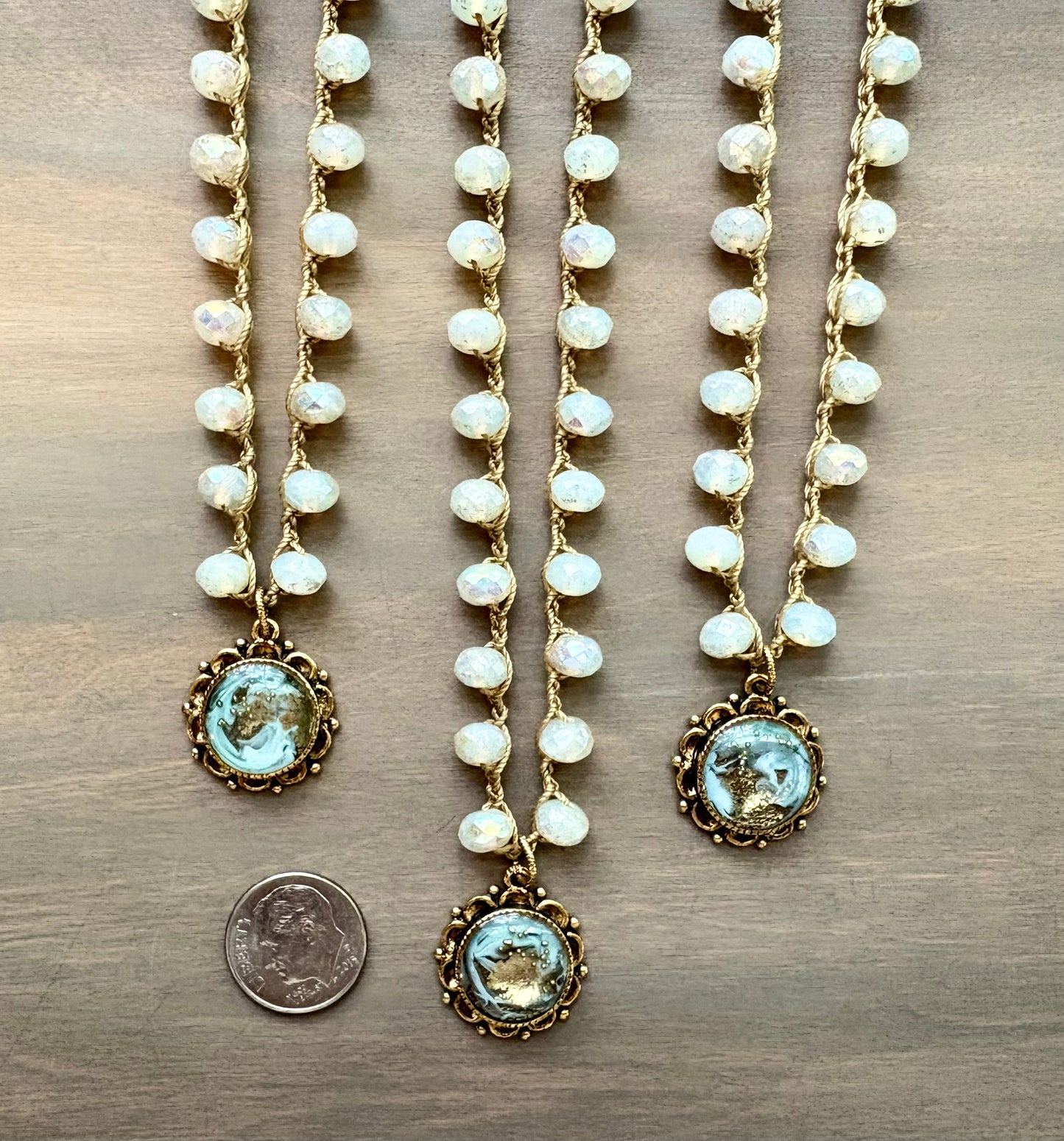 Golden Surf Portal Pendant Necklace With Crocheted Czech Crystal