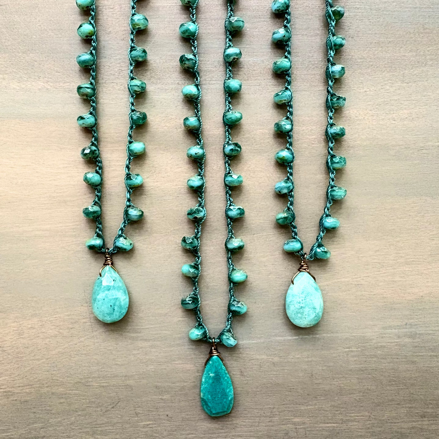 Faceted Amazonite Stone Drop and Sea Green Crystal Crocheted Necklace