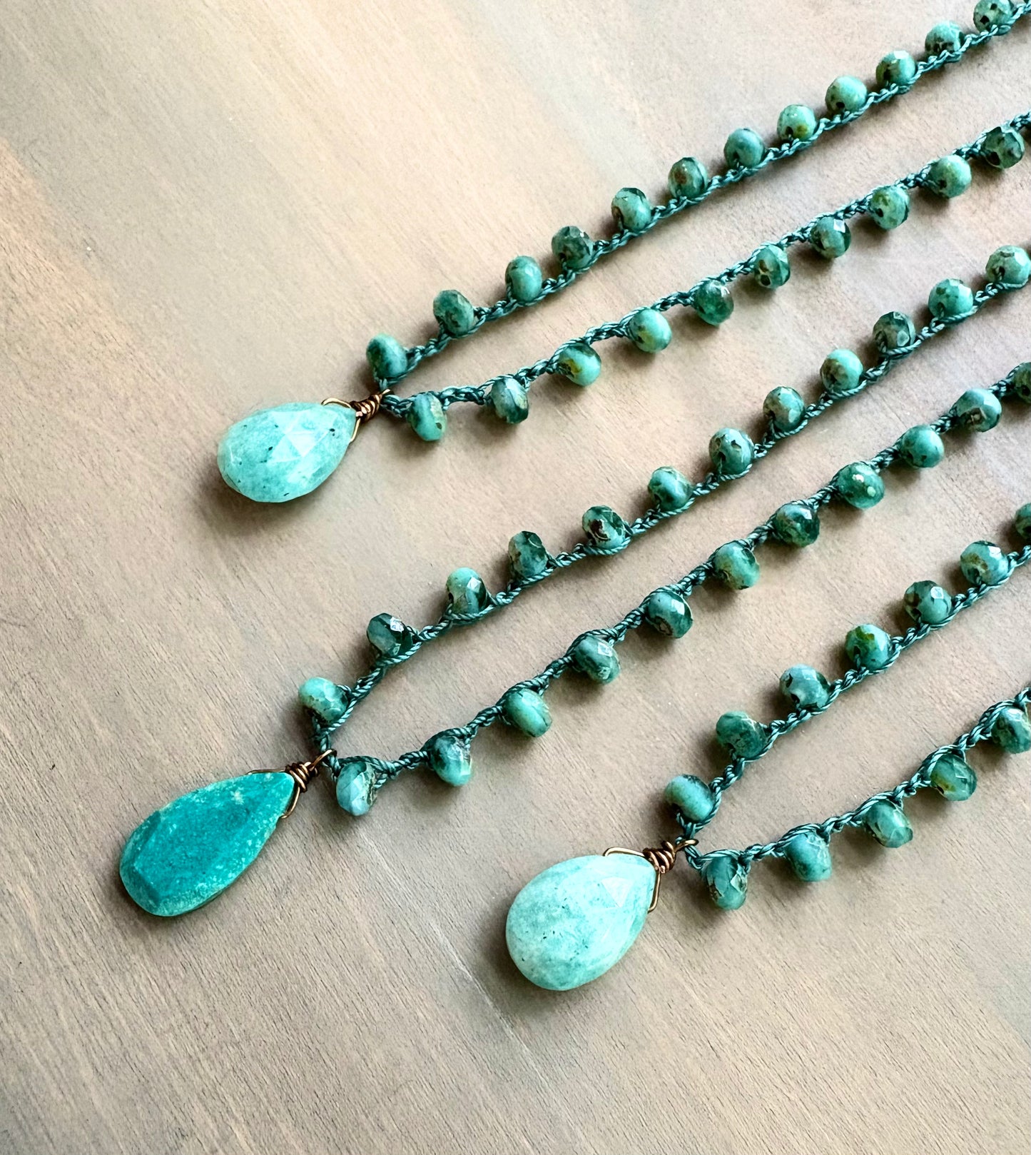 Faceted Amazonite Stone Drop and Sea Green Crystal Crocheted Necklace