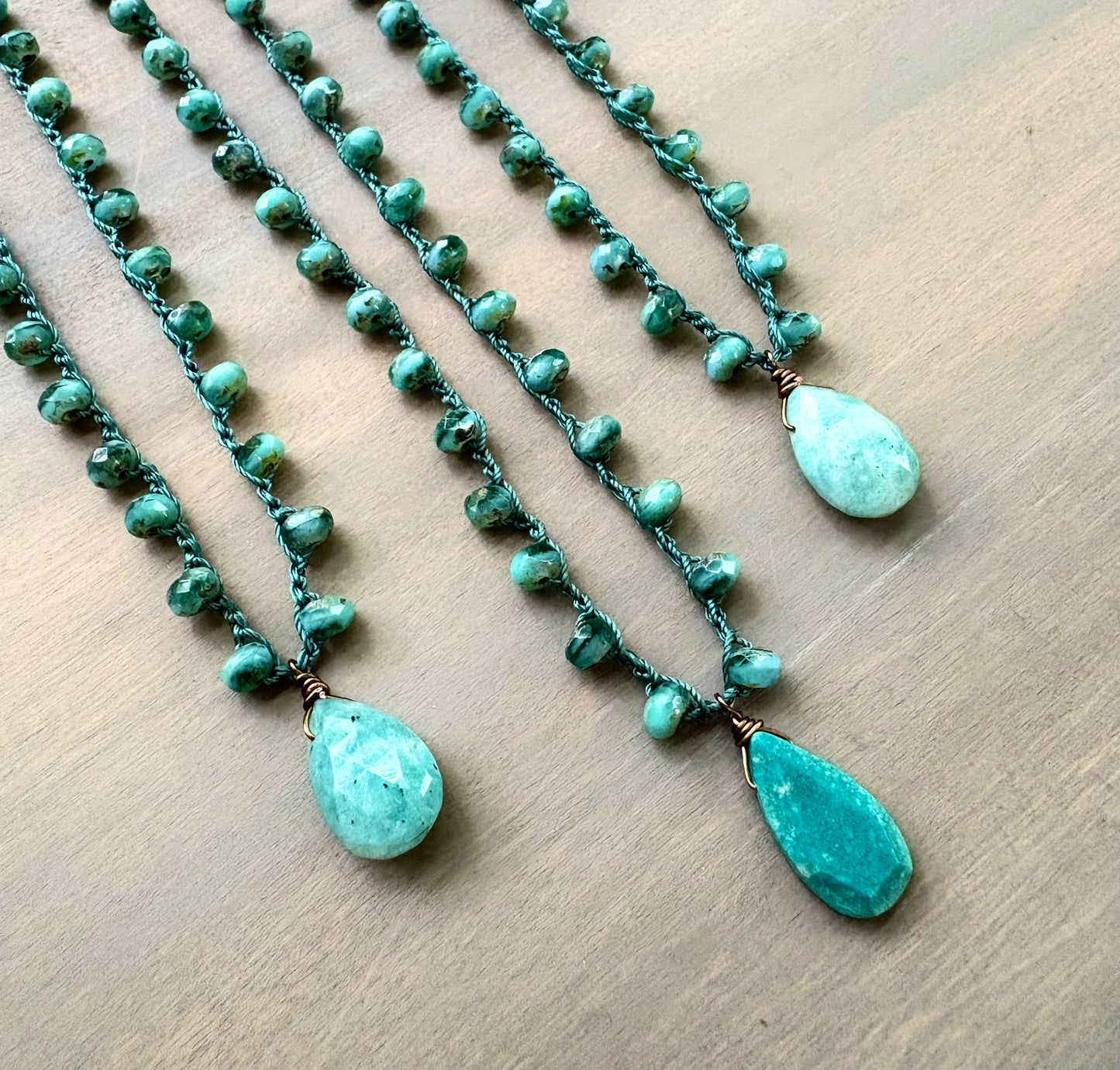 Faceted Amazonite Stone Drop and Sea Green Crystal Crocheted Necklace