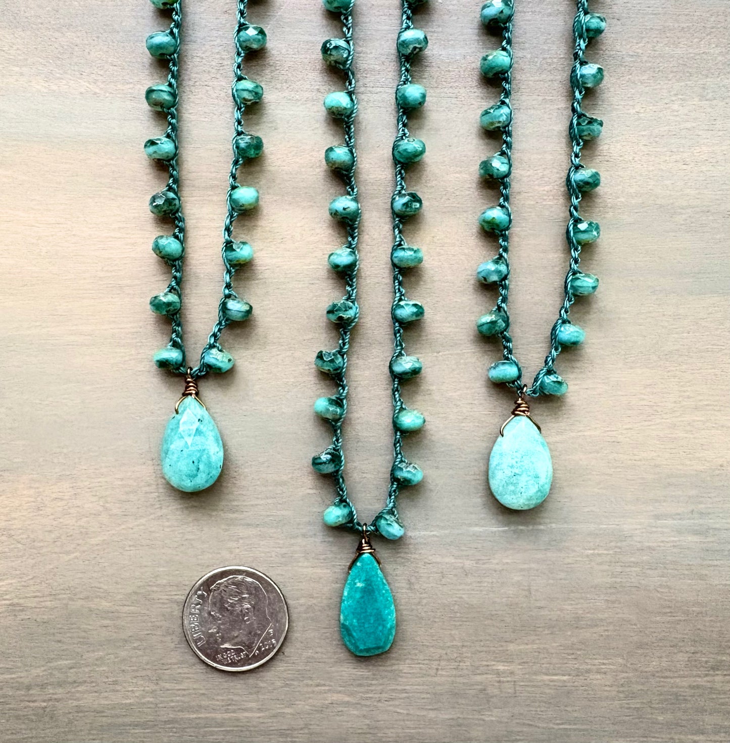 Faceted Amazonite Stone Drop and Sea Green Crystal Crocheted Necklace