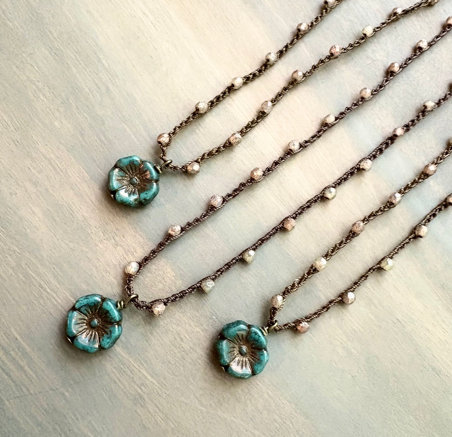 Vintage Style Blue Spruce Pressed Glass Flower Necklace