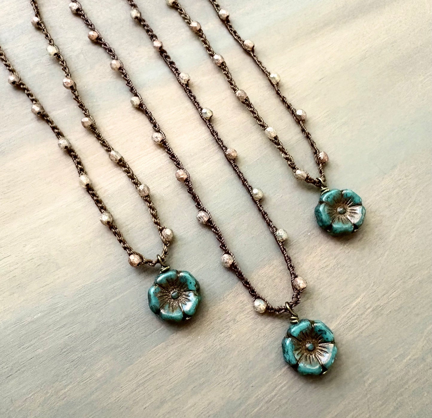 Vintage Style Blue Spruce Pressed Glass Flower Necklace