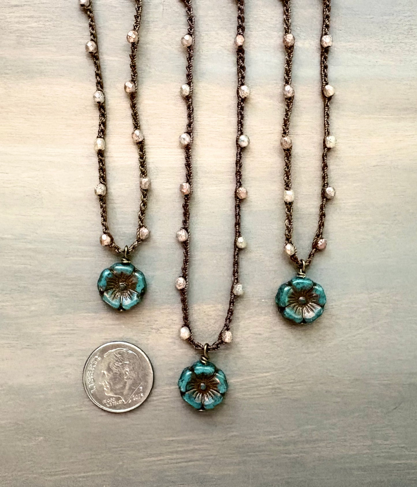 Vintage Style Blue Spruce Pressed Glass Flower Necklace