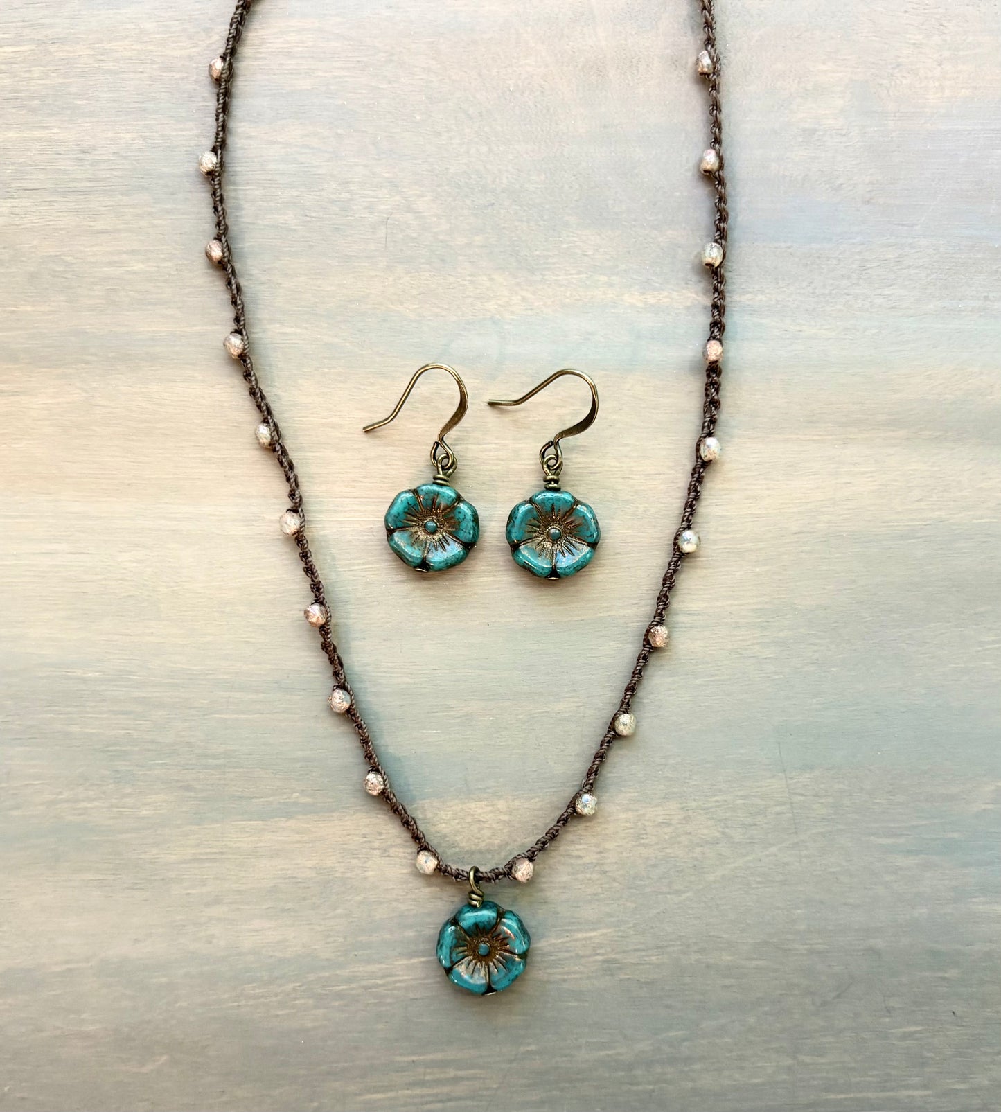 Vintage Style Blue Spruce Pressed Glass Flower Necklace