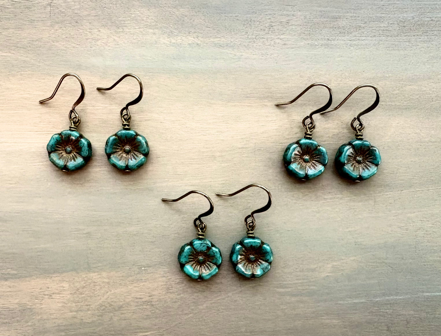 Vintage Style Blue Spruce Pressed Glass Flower Earrings