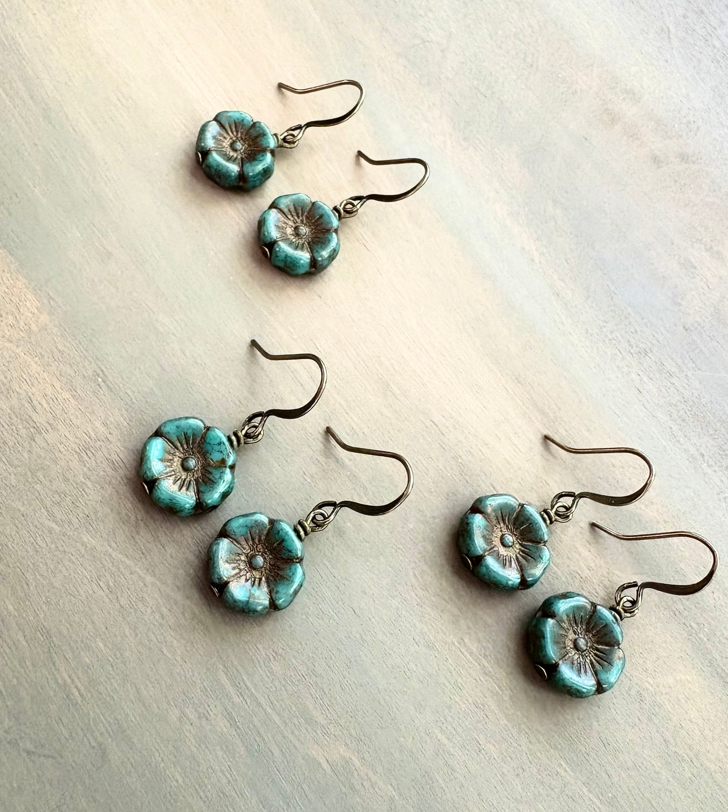 Vintage Style Blue Spruce Pressed Glass Flower Earrings