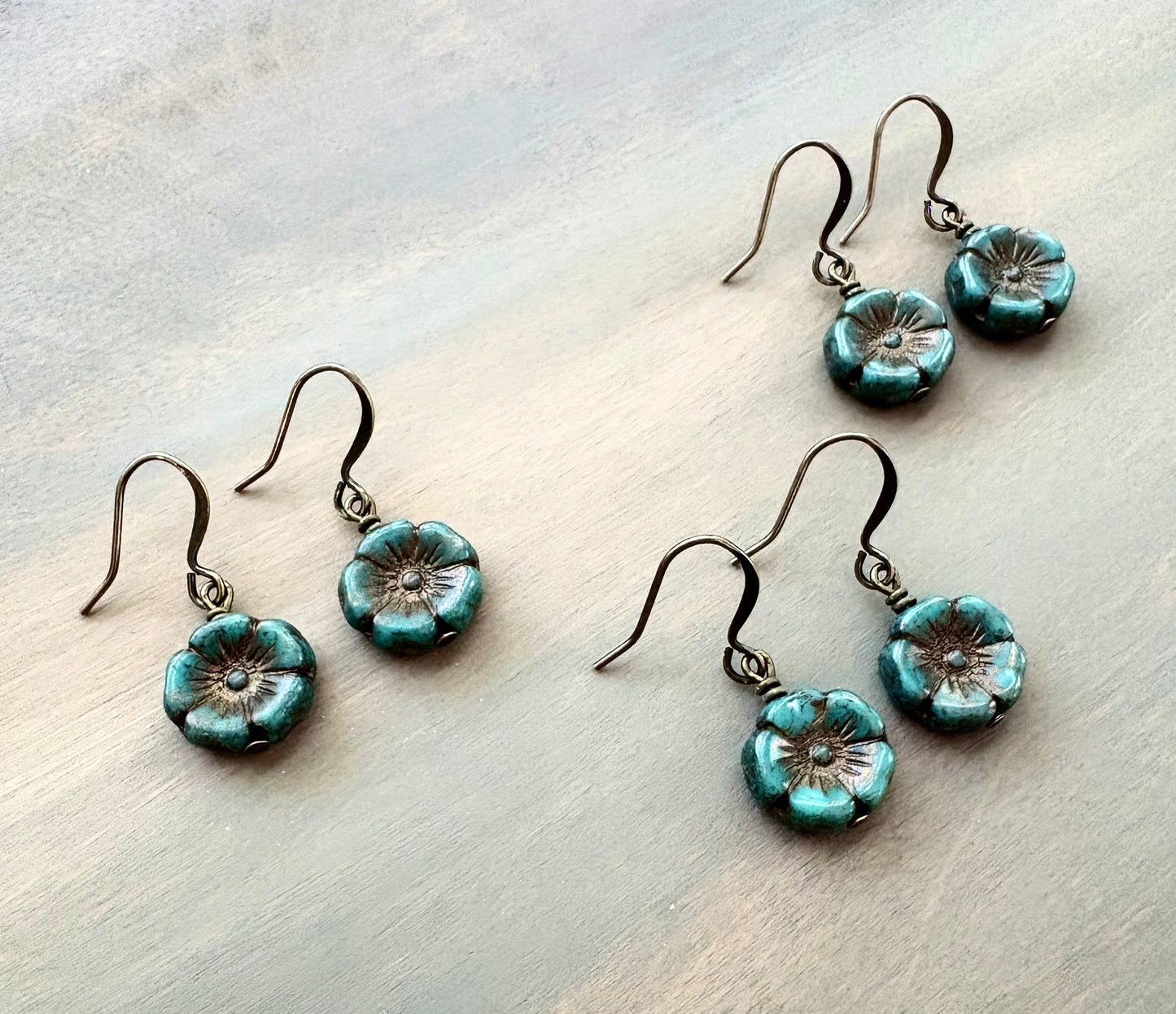 Vintage Style Blue Spruce Pressed Glass Flower Earrings