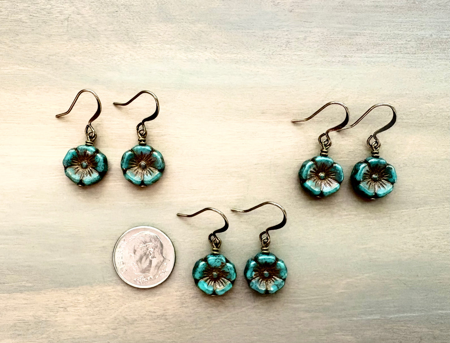 Vintage Style Blue Spruce Pressed Glass Flower Earrings
