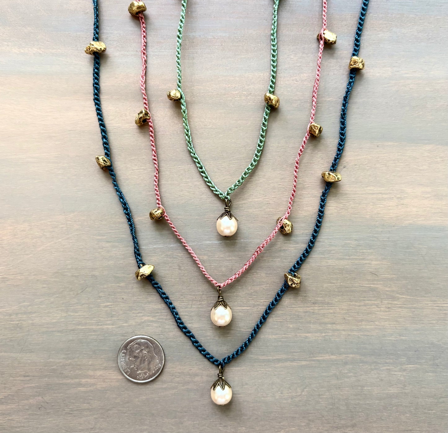 Golden Nugget Pearl Drop Crocheted Layering Necklace In Three Colors