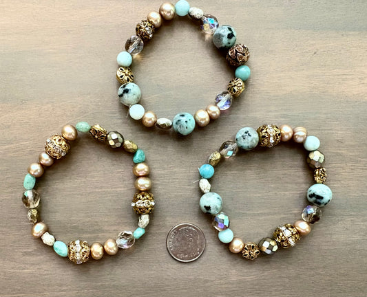 Jasper and Freshwater Pearls Stretchy Bracelet