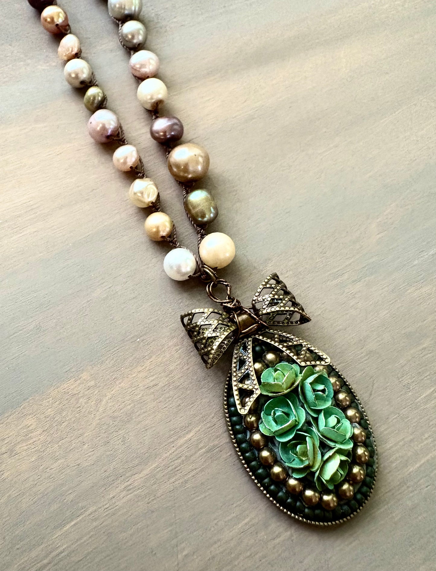 Floral Bouquet Handcrafted Pendant And Freshwater Pearl Necklace