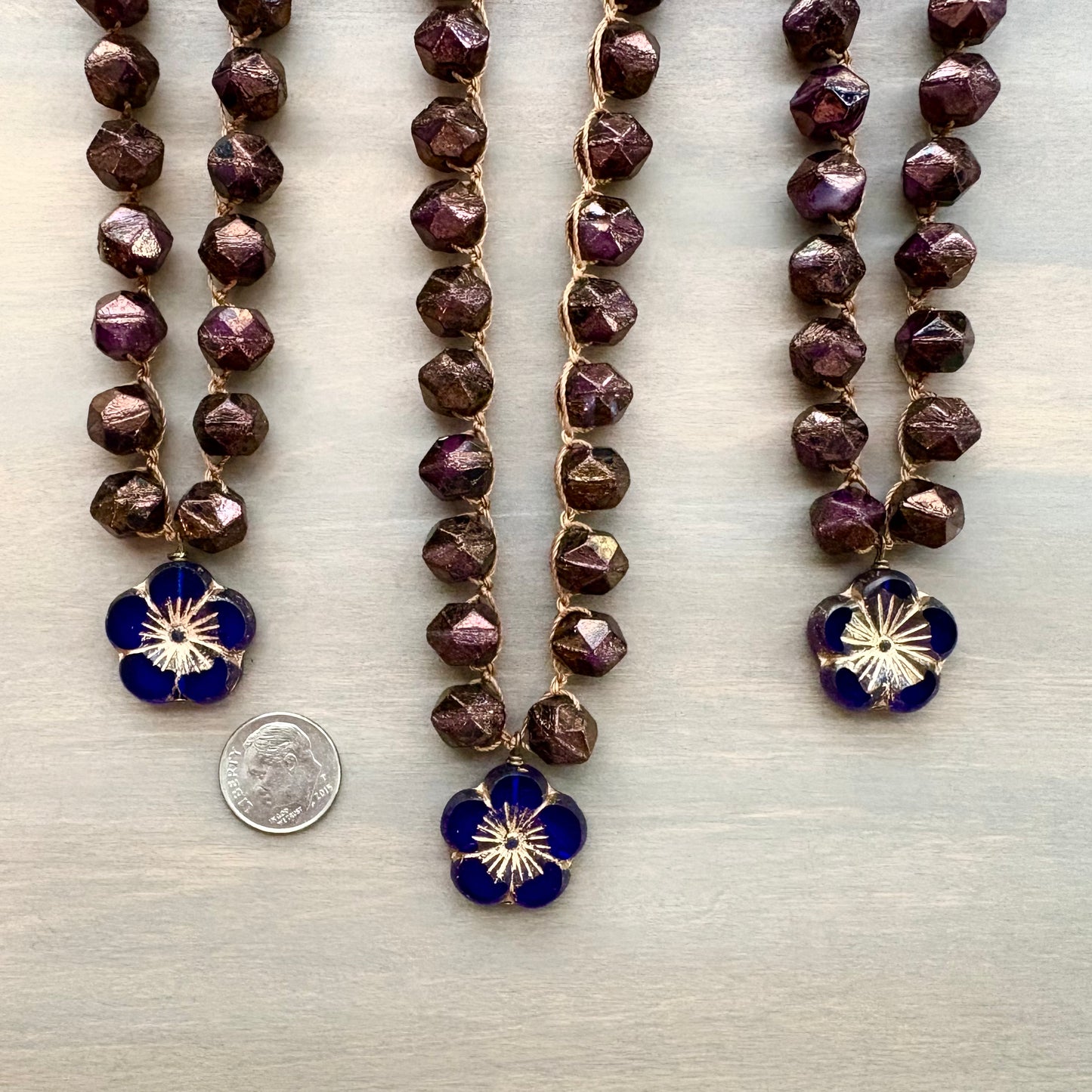 Cobalt Flower Necklace With Crocheted Rich Cranberry Czech Crystal