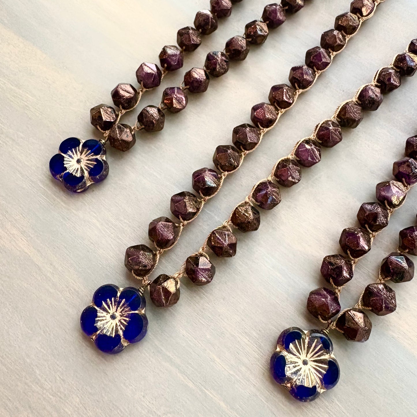 Cobalt Flower Necklace With Crocheted Rich Cranberry Czech Crystal