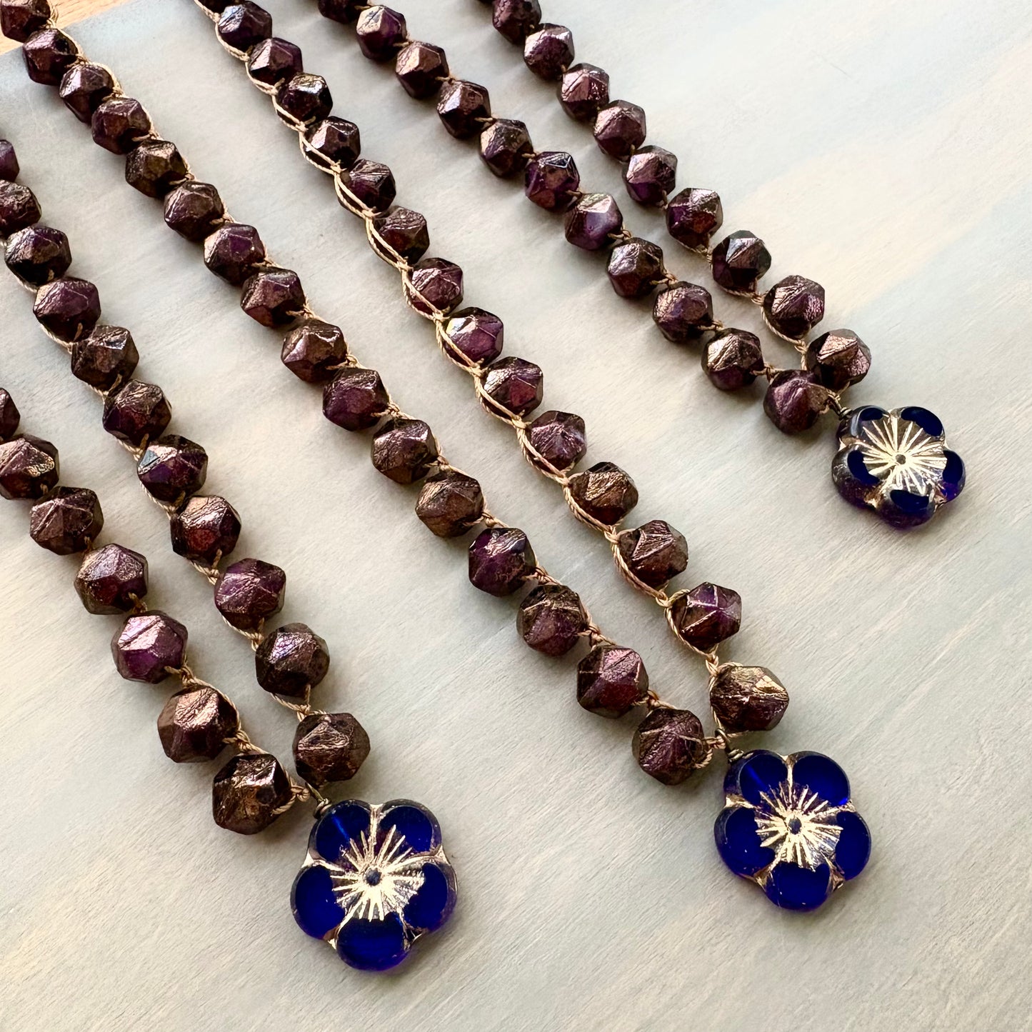 Cobalt Flower Necklace With Crocheted Rich Cranberry Czech Crystal