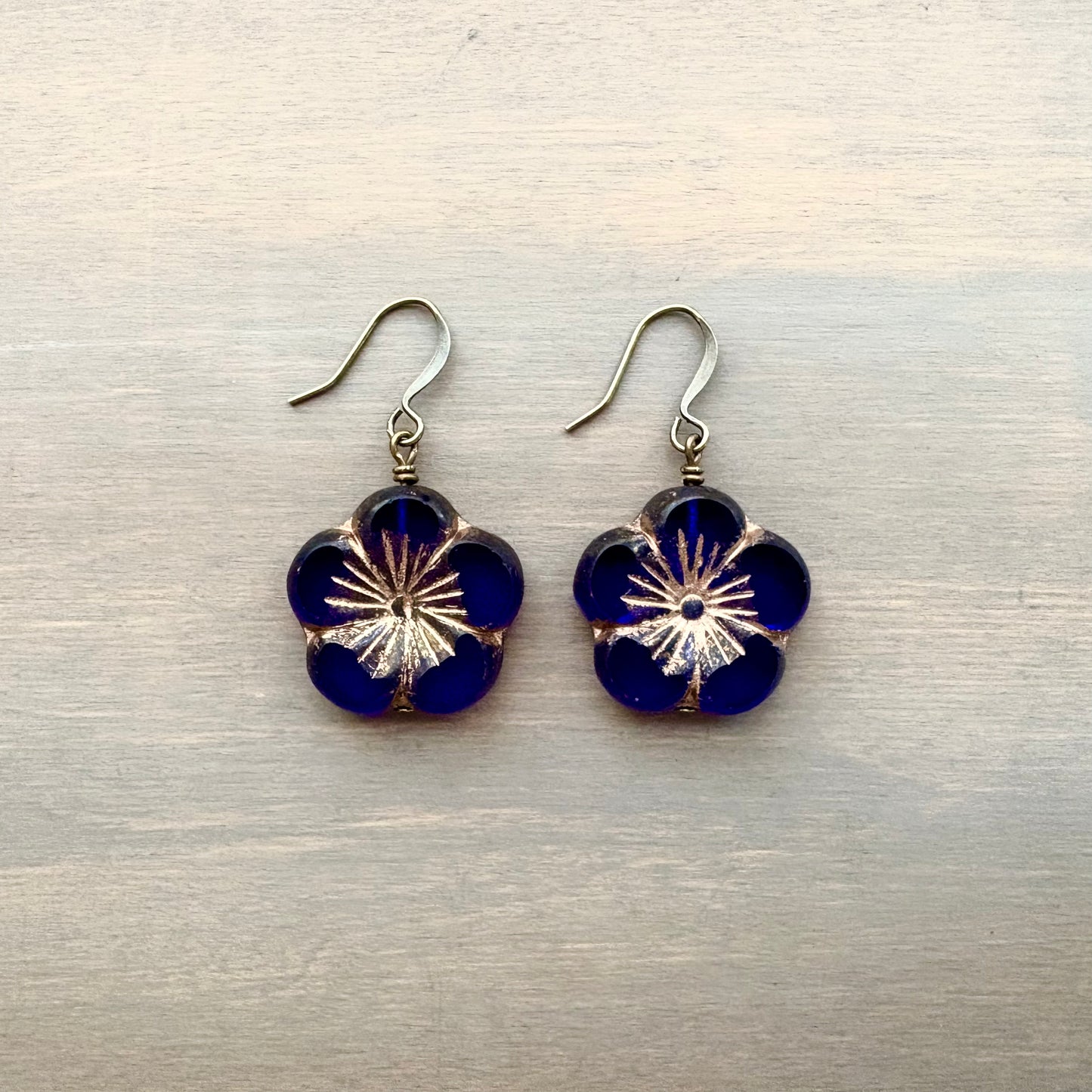 Cobalt Blue Crystal Glass Flower Earrings