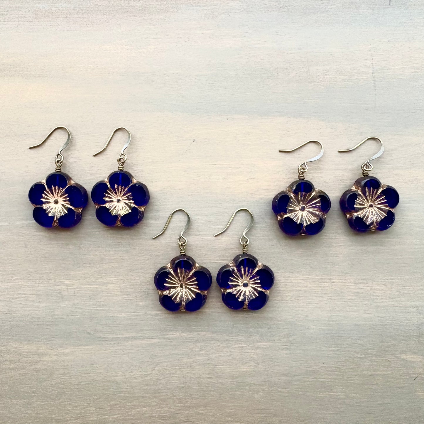 Cobalt Blue Crystal Glass Flower Earrings