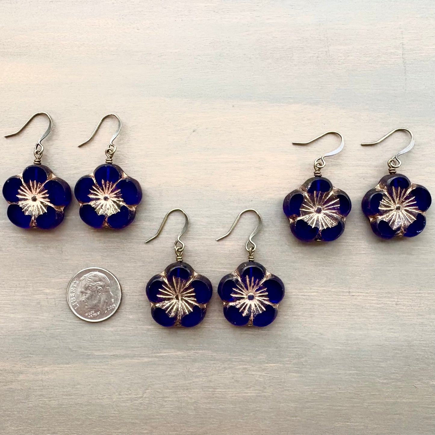 Cobalt Blue Crystal Glass Flower Earrings