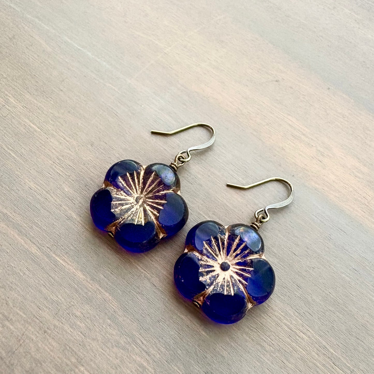 Cobalt Blue Crystal Glass Flower Earrings