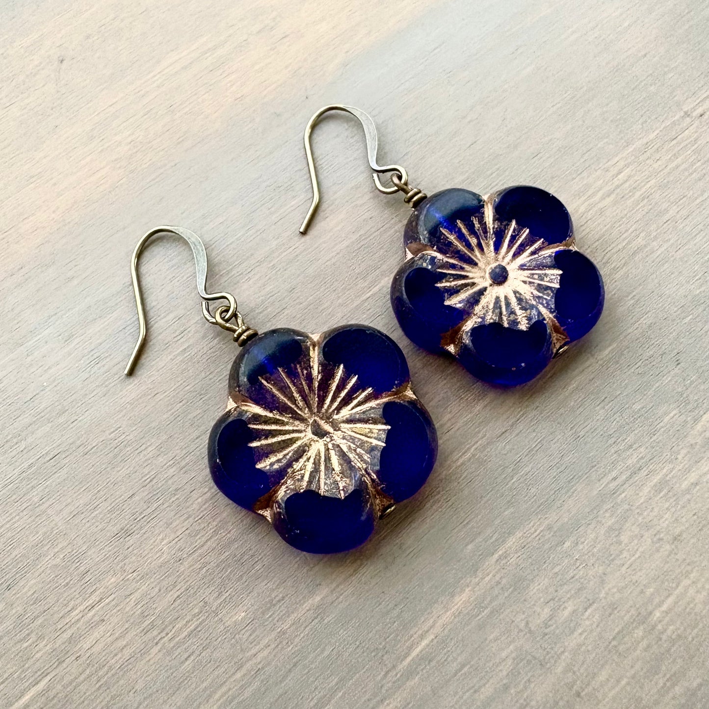 Cobalt Blue Crystal Glass Flower Earrings