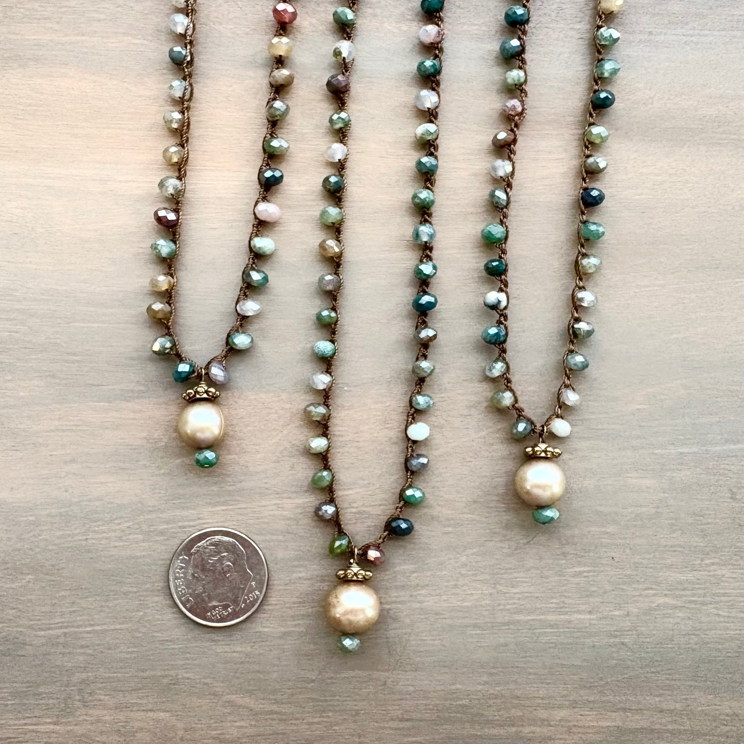 Faceted Jasper Crocheted Necklace with Freshwater Pearl Drop Pendant