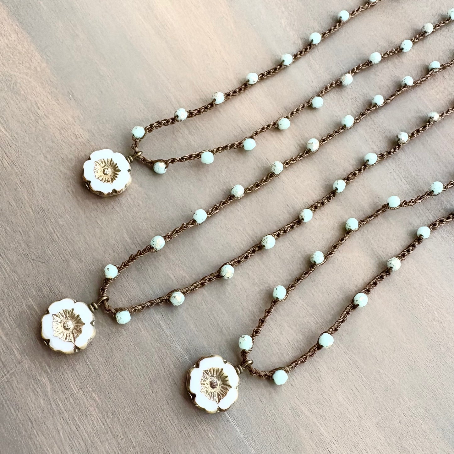 Golden Mint Czech Crystal with Golden Ivory Pressed Glass Flower