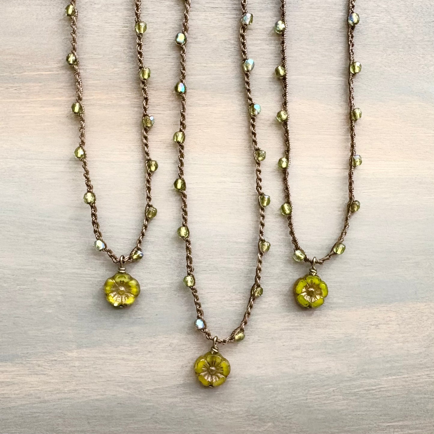 Sweet Olivine Pressed Glass Crystal Flower Crocheted Necklace
