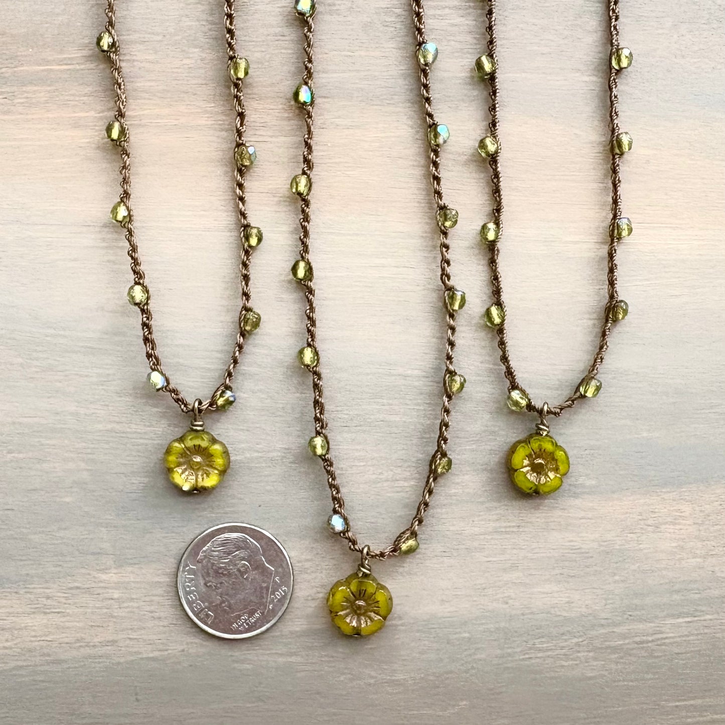 Sweet Olivine Pressed Glass Crystal Flower Crocheted Necklace